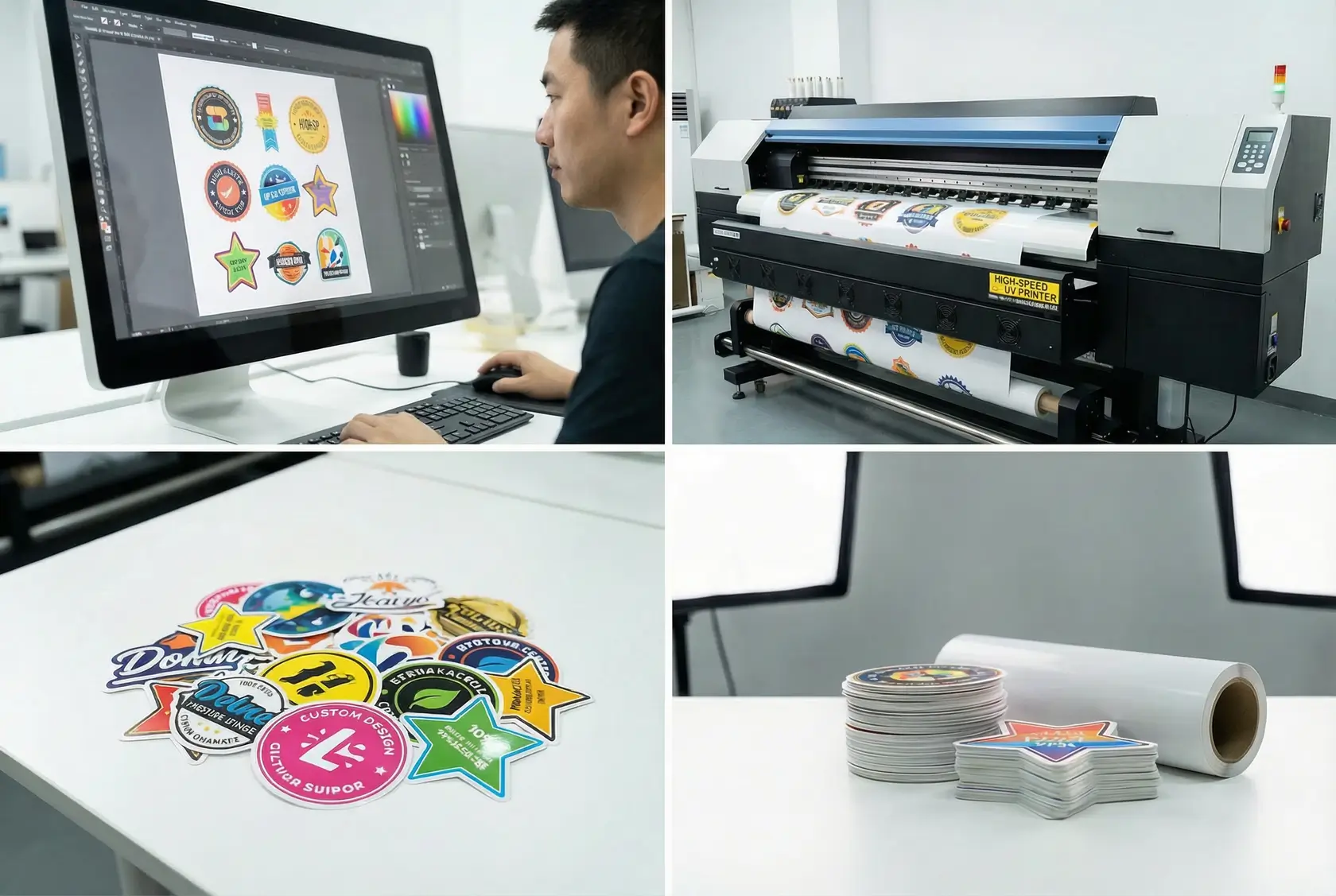 Processus d'impression d'autocollants personnalisés montrant la transformation de la conception numérique à l'autocollant en vinyle fini