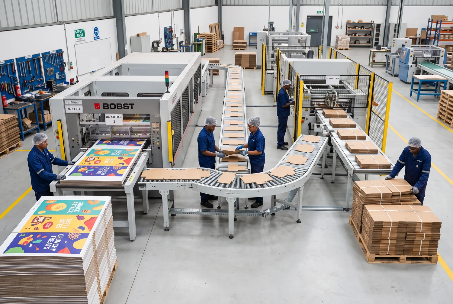 Ouvriers à côté d'équipements de transformation du carton, feuilles imprimées et piles de carton plat
