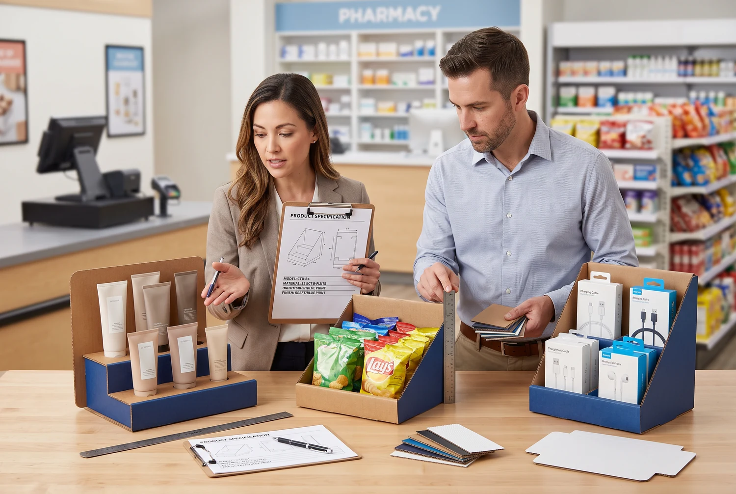 Acheteur d’emballages examinant des boîtes-présentoirs de comptoir personnalisées pour cosmétiques, snacks et accessoires dans différents contextes de vente