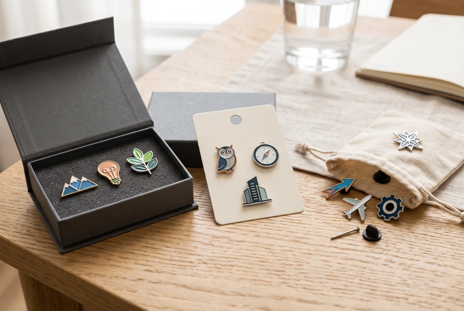 Assortiment d'épingles en émail dans un coffret de présentation ouvert, sur une carte support et à côté d'une pochette en tissu