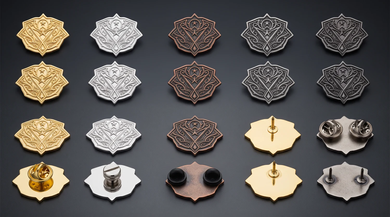 Pins frappés à la matrice aux finitions polie, antique et nickel noir, présentés avec des attaches papillon, verrouillables et à double tige