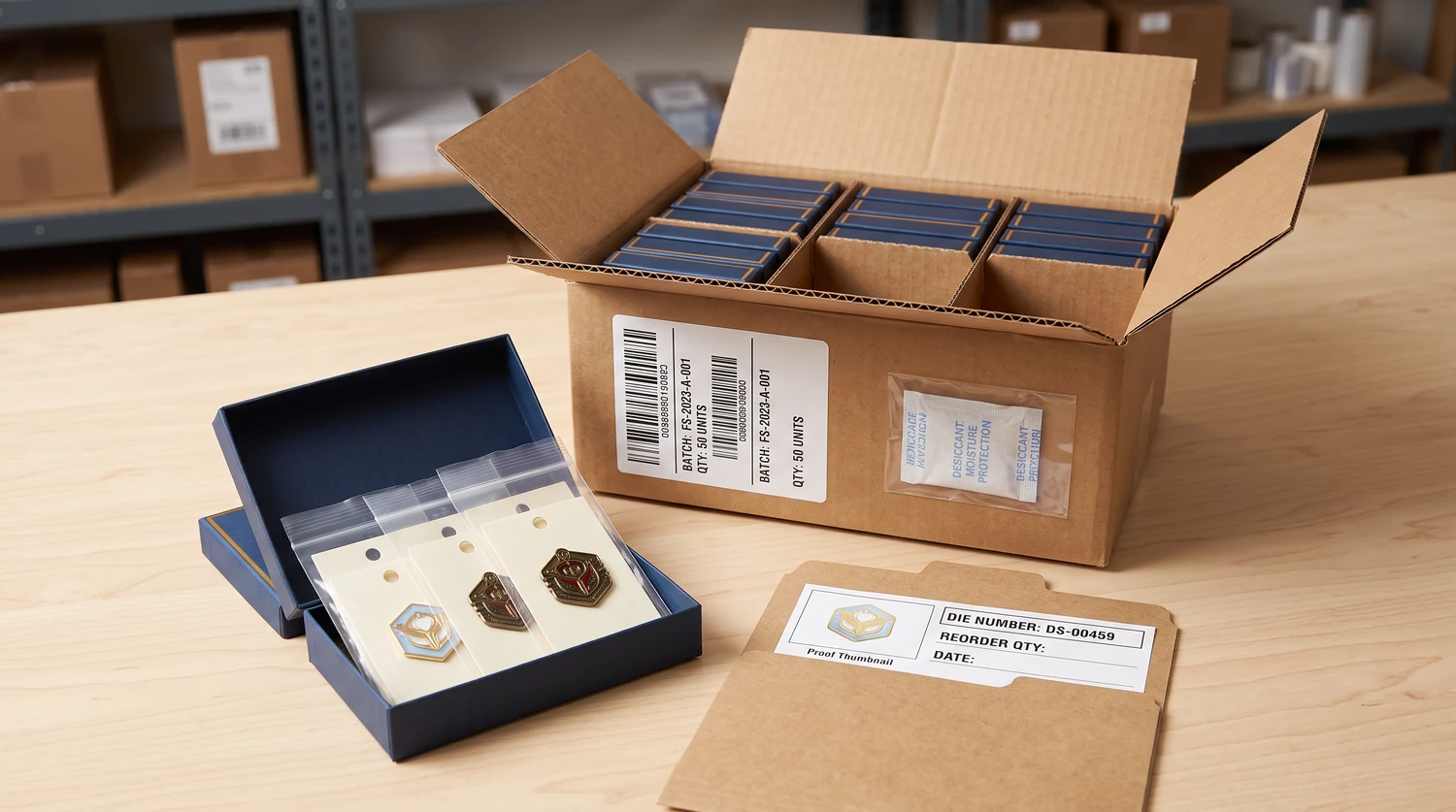 Boîte de présentation ouverte contenant des épingles, un carton de boîtes bleues et un dossier produit étiqueté