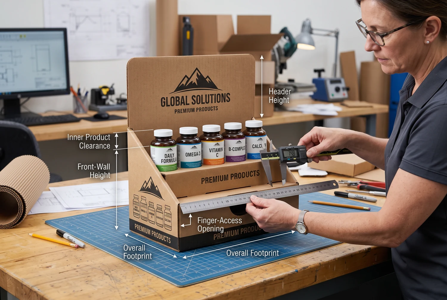 Mesure technique d’un présentoir de comptoir montrant le dégagement du produit, la hauteur du fronton, l’encombrement et la lisibilité de la marque