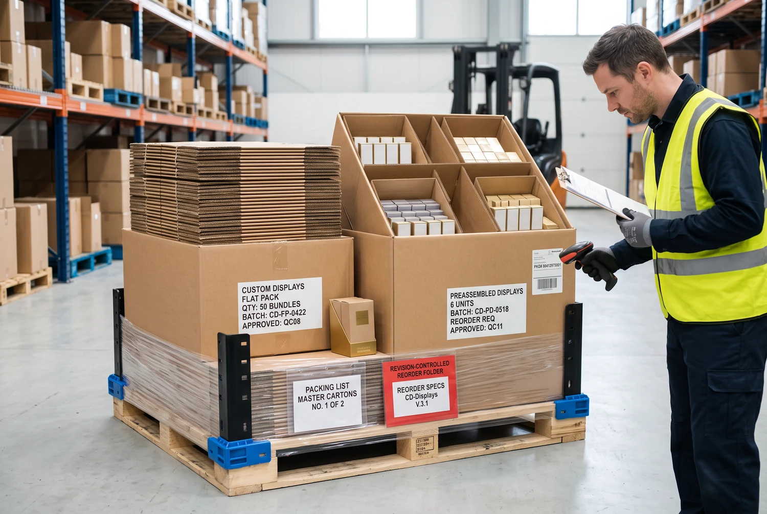 Présentoirs de comptoir livrés à plat et prémontés, préparés pour une expédition protégée avec dossiers de réapprovisionnement et étiquettes de lot