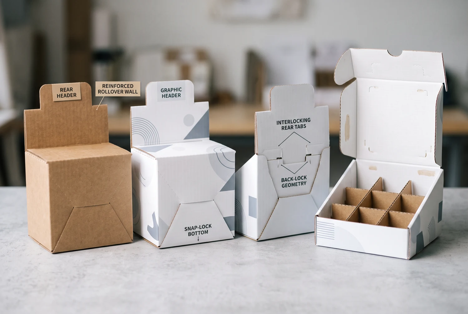 Échantillons de présentoirs de comptoir côte à côte montrant surfaces kraft et imprimées, languettes de verrouillage, panneaux arrière et options de séparateurs