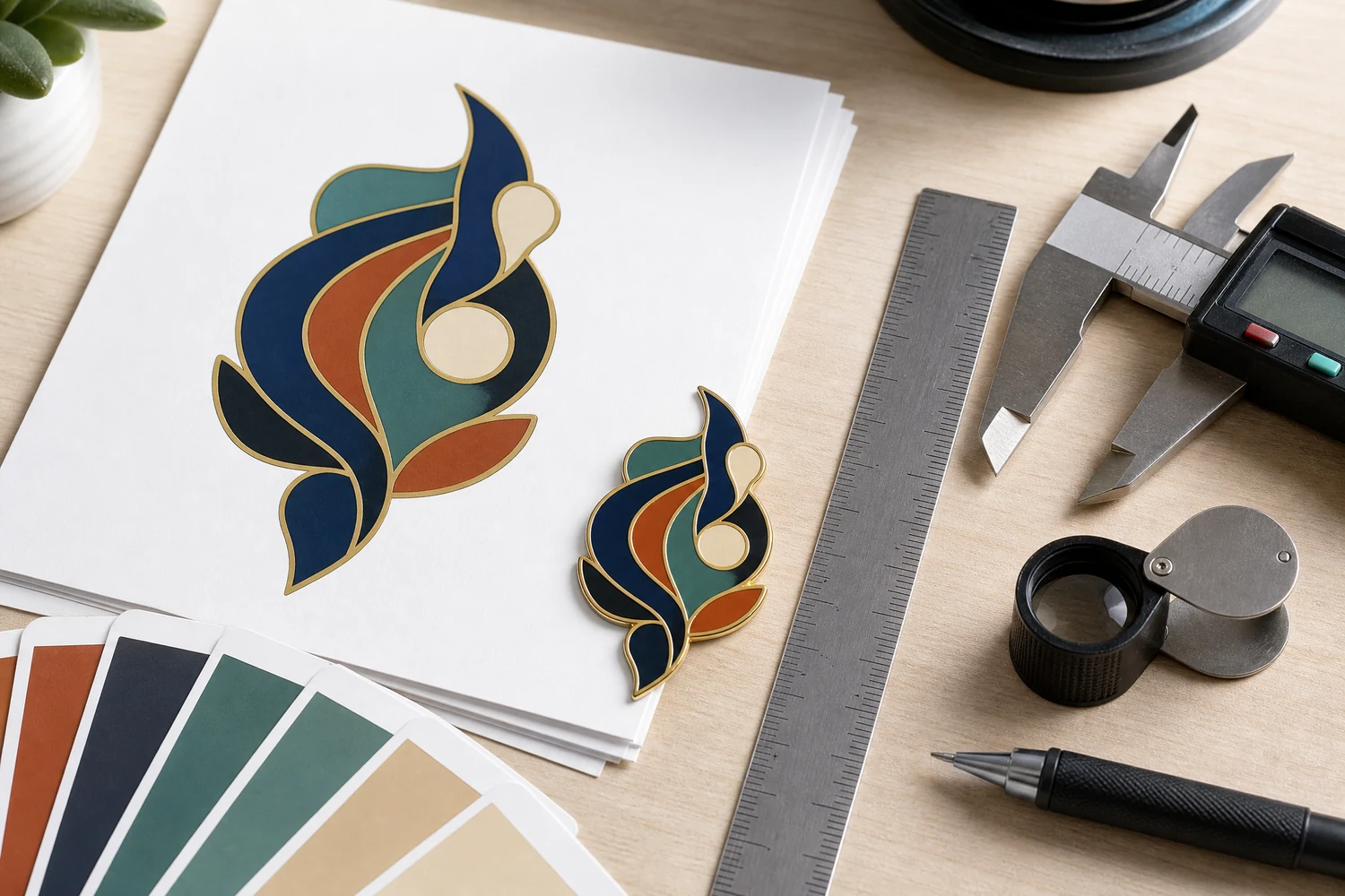 Contrôle prépresse du visuel de production pour des pins personnalisés en émail Designer vérifiant les tracés vectoriels, références Pantone, largeurs de ligne, taille du texte et emplacement des tiges avant la production des pins