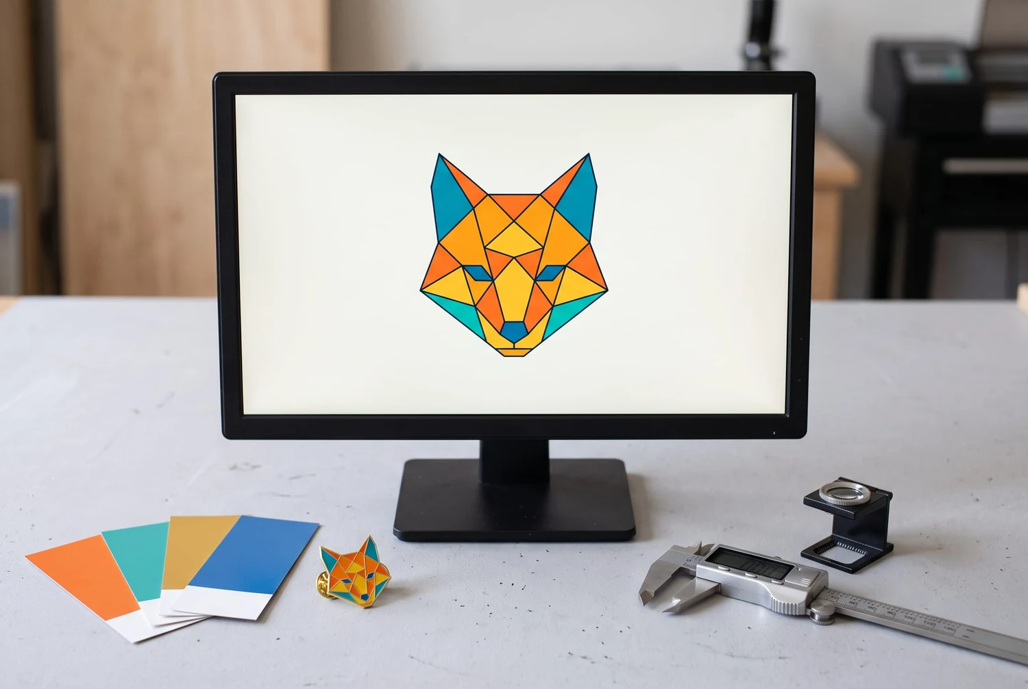 Illustration géométrique d'un renard sur un écran avec des nuanciers, une épingle assortie et des outils de mesure sur le bureau