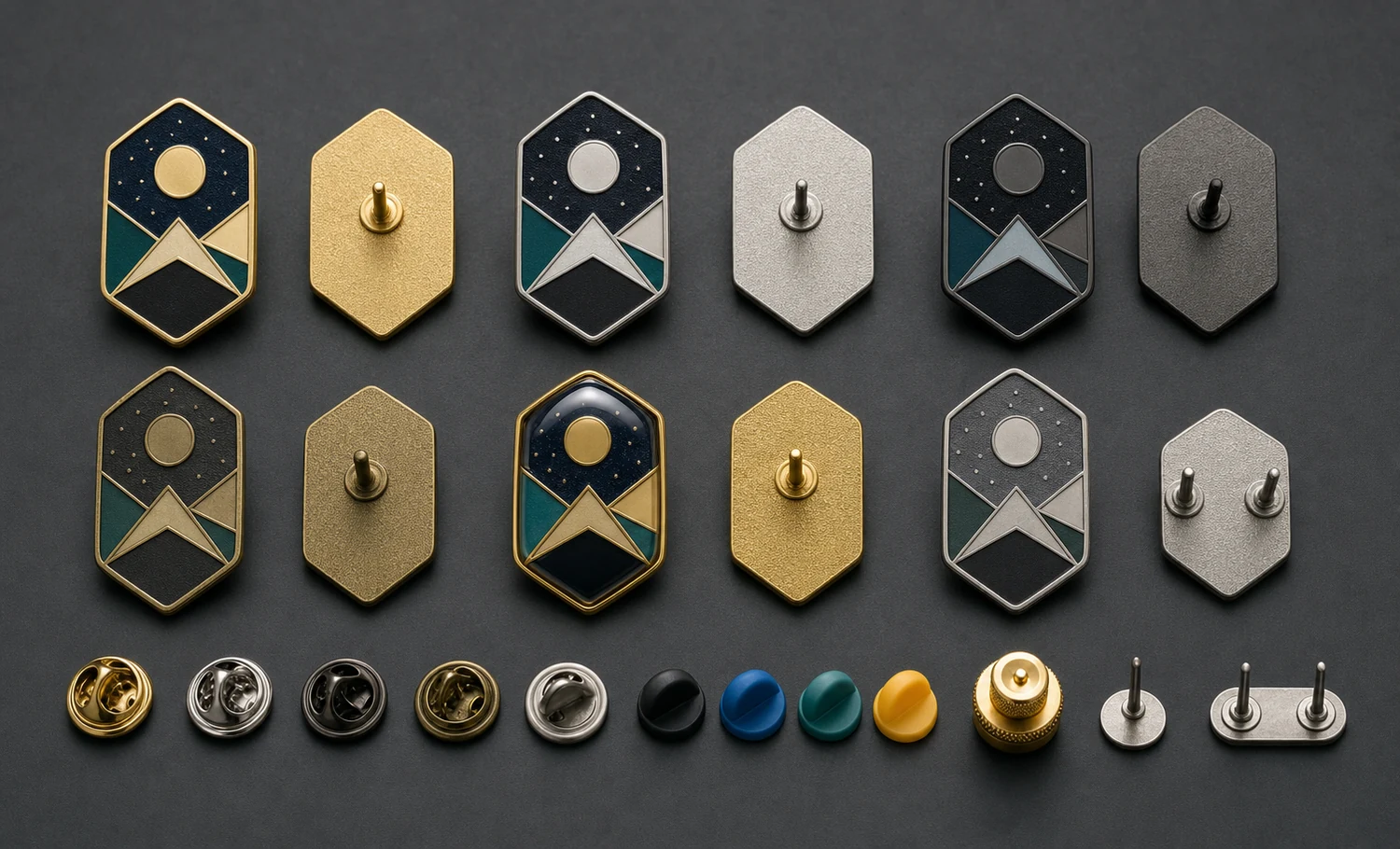 Surfaces, placages et options de fixation pour pins en émail tendre Finitions métalliques, surfaces en creux, revêtement époxy, tiges et options de fermoir pour pins en émail tendre