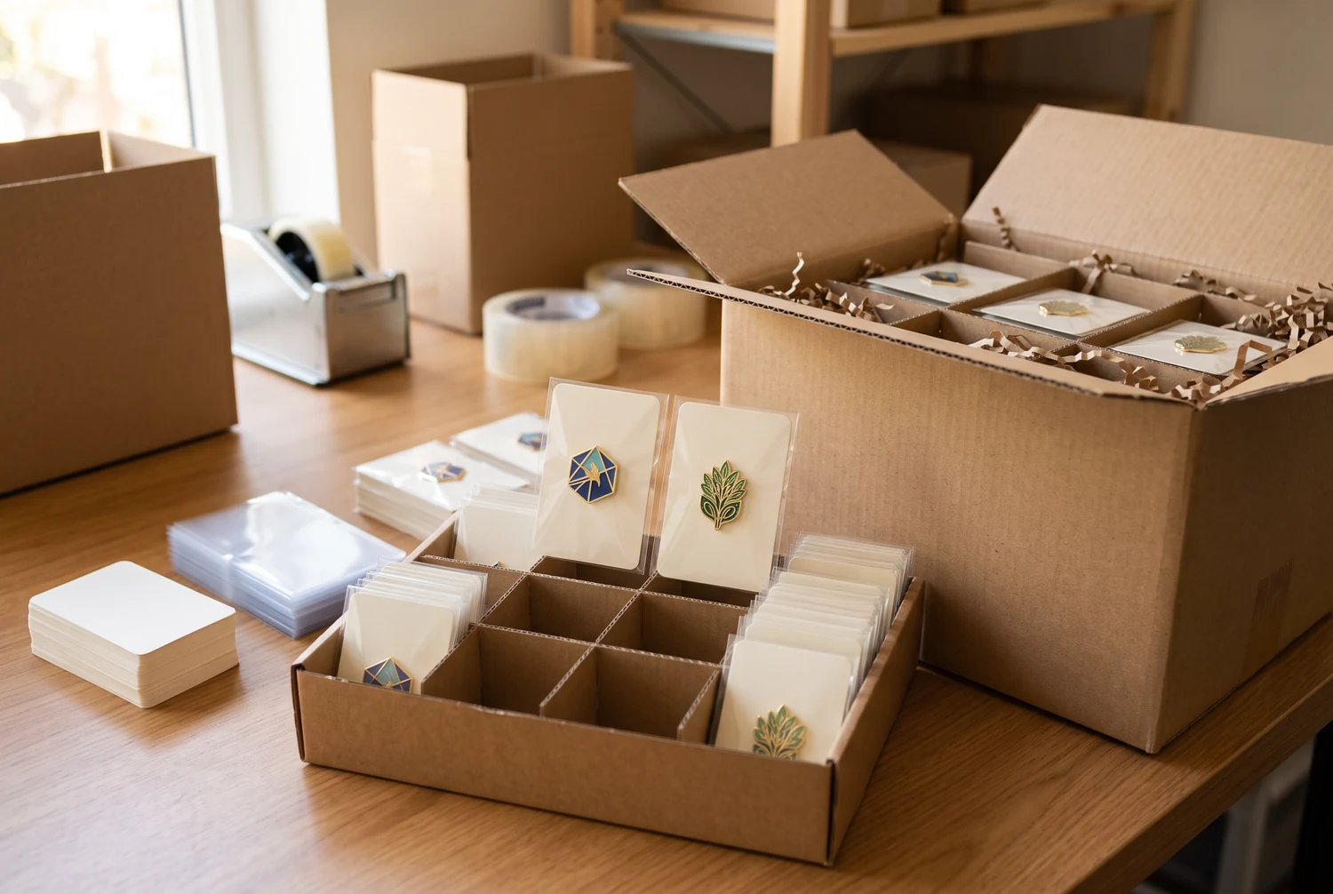 Processus d’emballage, d’expédition, de réception et de nouvelle commande de pins en émail Pins personnalisés en émail emballés sur des cartes de présentation pour l’expédition, la réception en stock, l’analyse des ventes et la planification d’une nouvelle commande