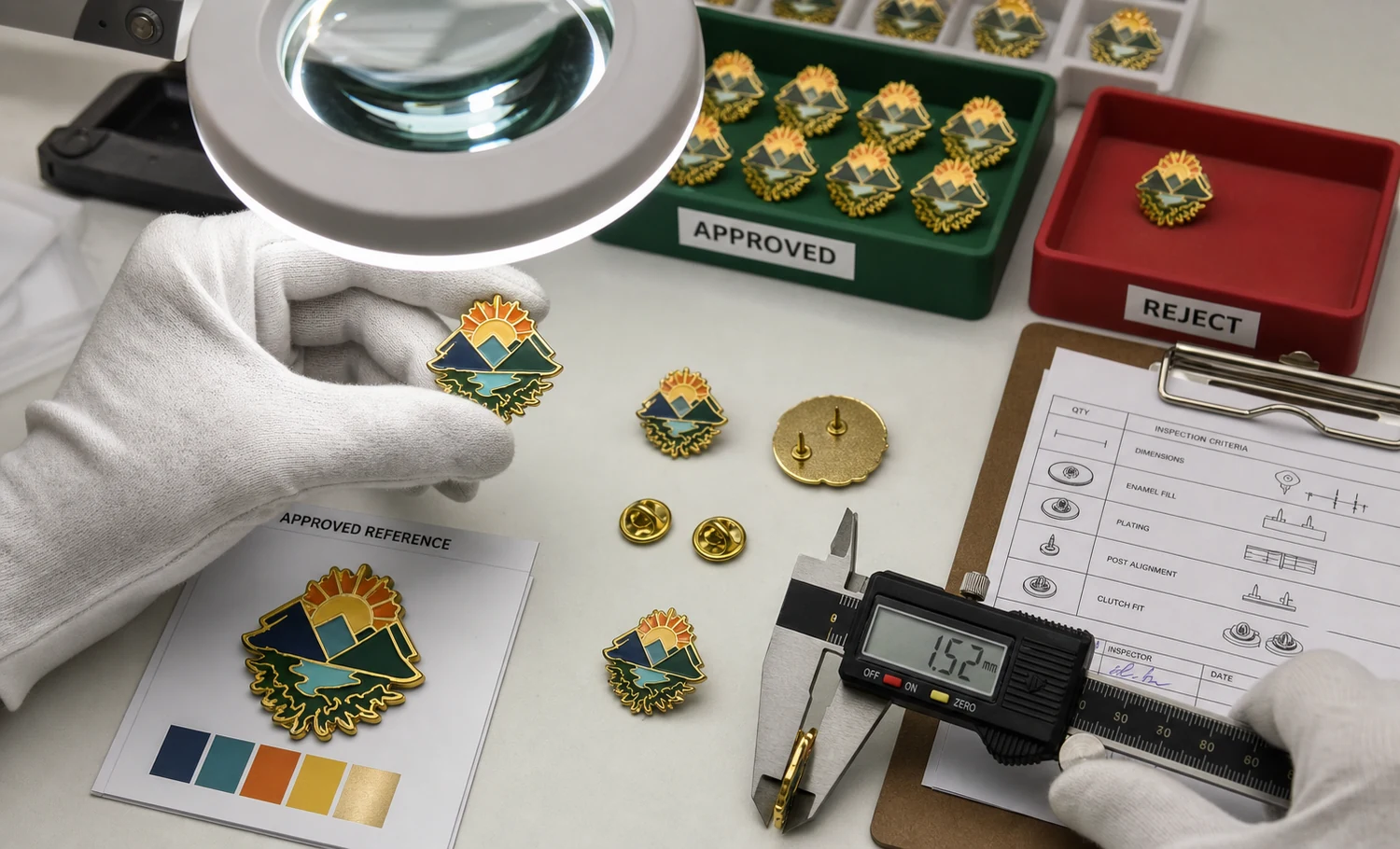 Liste de contrôle qualité pour des pins personnalisés en émail Inspecteur qualité examinant le remplissage de l’émail, le placage, les dimensions, les tiges et les fermoirs sous un éclairage contrôlé
