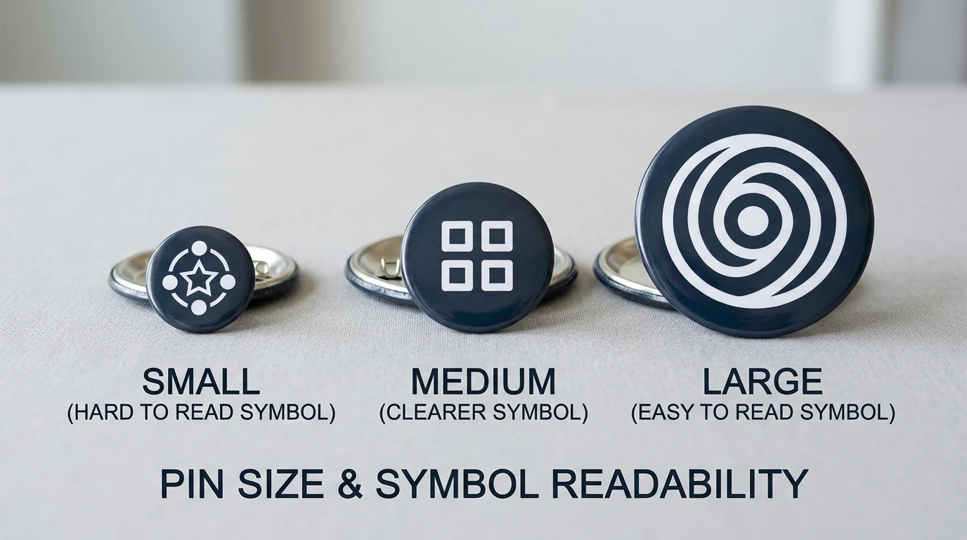 Comparaison de badges à épingle de un pouce, un pouce et demi, deux pouces et quart et trois pouces avec des visuels lisibles