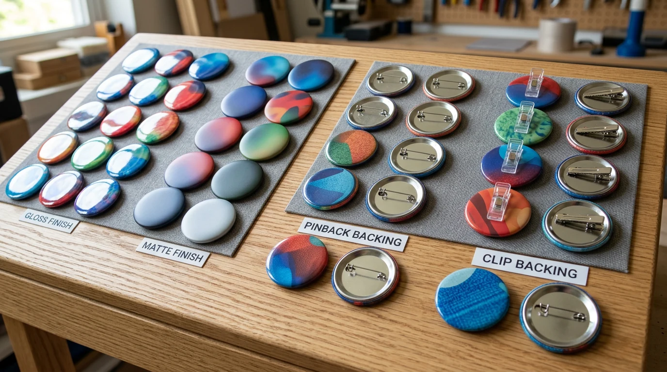 Finitions de surface et options d’attache pour badges personnalisés imprimés Badges personnalisés brillants et mats présentés avec des options de dos à épingle standard, aimant, pince bulldog et aimant pour réfrigérateur
