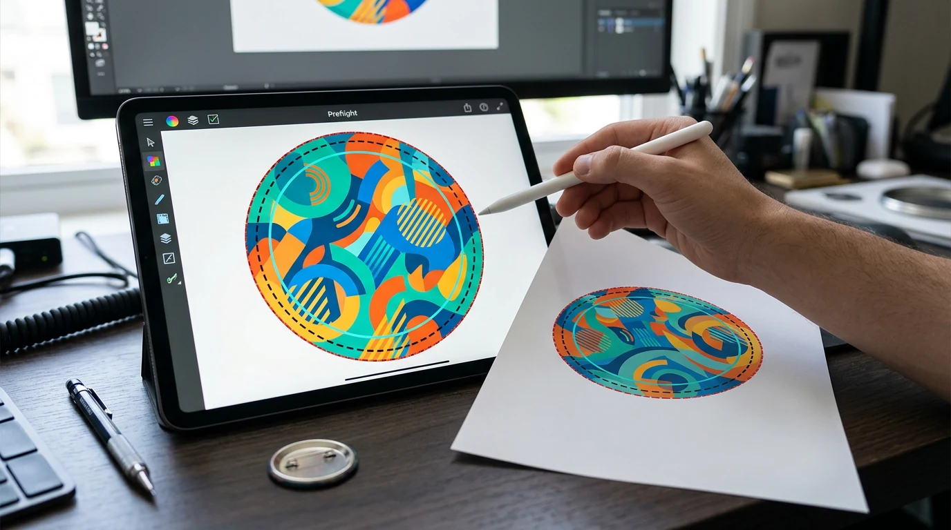 Contrôle prépresse des visuels pour la production en gros de badges à épingle personnalisés Designer vérifiant la résolution de 300 DPI, les couleurs CMYK, le fond perdu, la zone de sécurité et le numéro de version d’un visuel de badge personnalisé