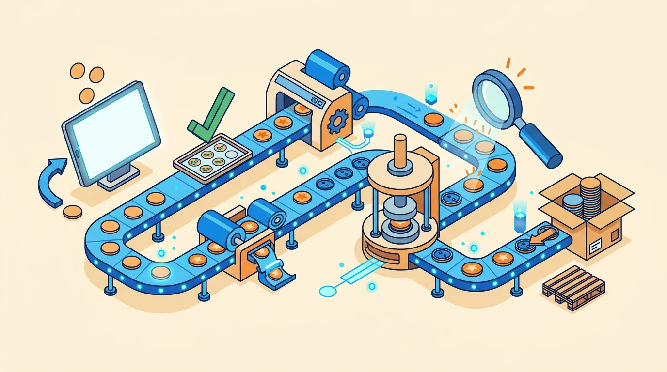 Processus de production en usine des badges à épingle personnalisés imprimés Séquence de production en usine montrant l’impression, le film protecteur, la découpe à l’emporte-pièce, l’assemblage à la presse et les badges à épingle finis