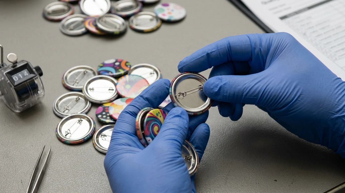 Points de contrôle qualité des badges à épingle imprimés en gros Contrôleur qualité vérifiant la netteté d’impression, le centrage du visuel, la régularité des bords sertis et la sécurité des dos à épingle sur des badges personnalisés