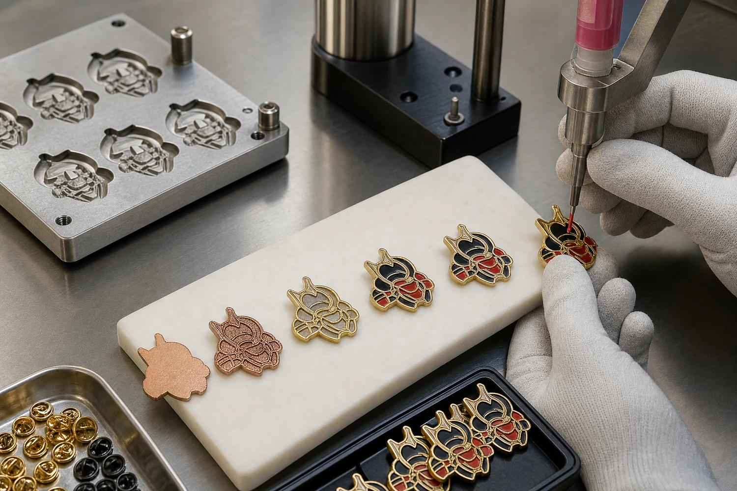 Processus de production en usine des pins en émail tendre Séquence de production en usine de pins en émail tendre, de l’outillage métallique et du placage au remplissage des couleurs et à la cuisson
