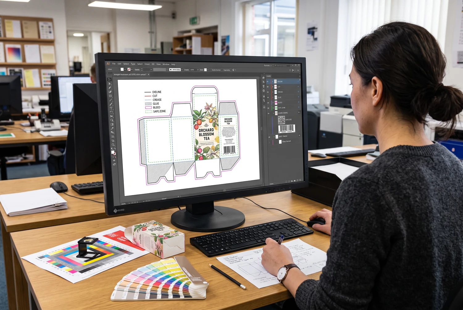 Graphiste consultant le gabarit de découpe imprimé d'un carton sur un écran, à côté de nuanciers de couleurs
