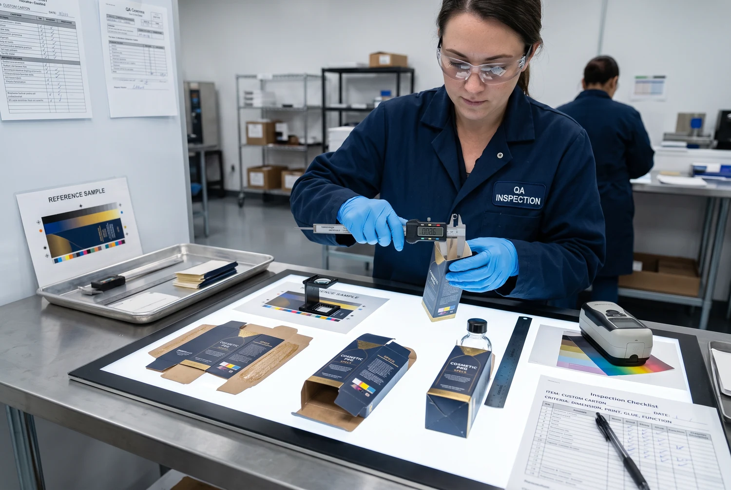 Contrôleur ganté utilisant un pied à coulisse numérique sur un carton, à côté d'échantillons imprimés et d'une plaque de référence