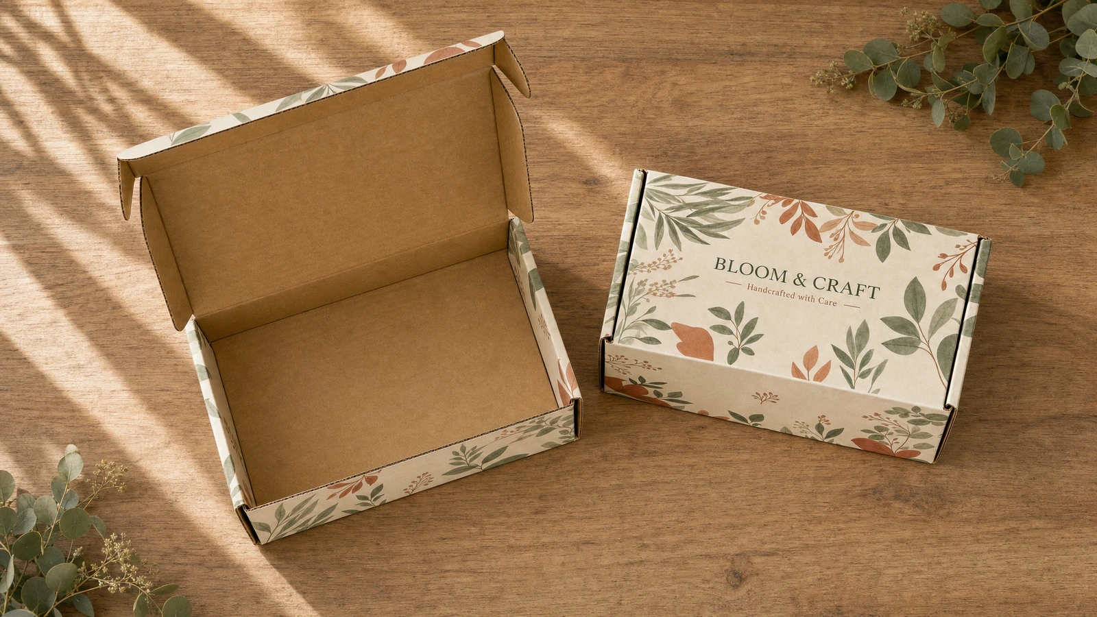Pochette d'expédition à intérieur kraft ouverte, à côté d'une pochette fermée à motifs botaniques, sur une table en bois