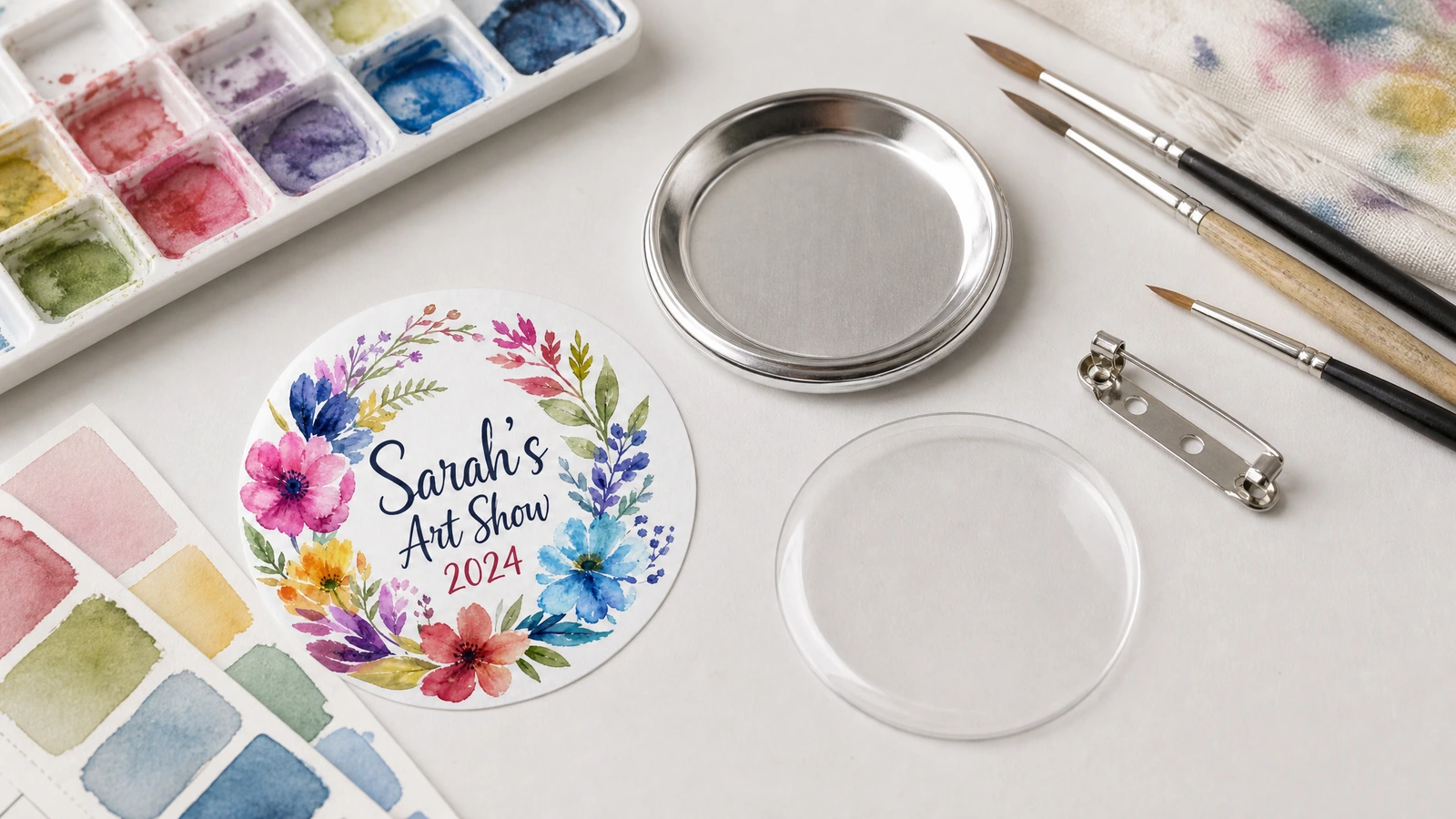 Badges à épingle personnalisés disposés pour un salon, un programme scolaire, une collecte de fonds et une présentation de produits d’artiste
