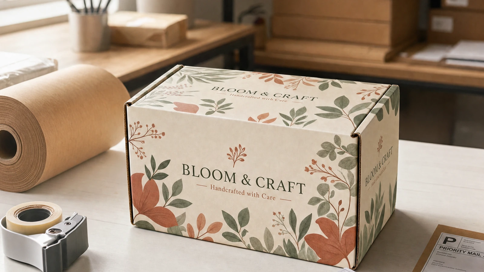 Pochette fermée à motifs botaniques à côté de papier kraft et d'un dévidoir de ruban adhésif
