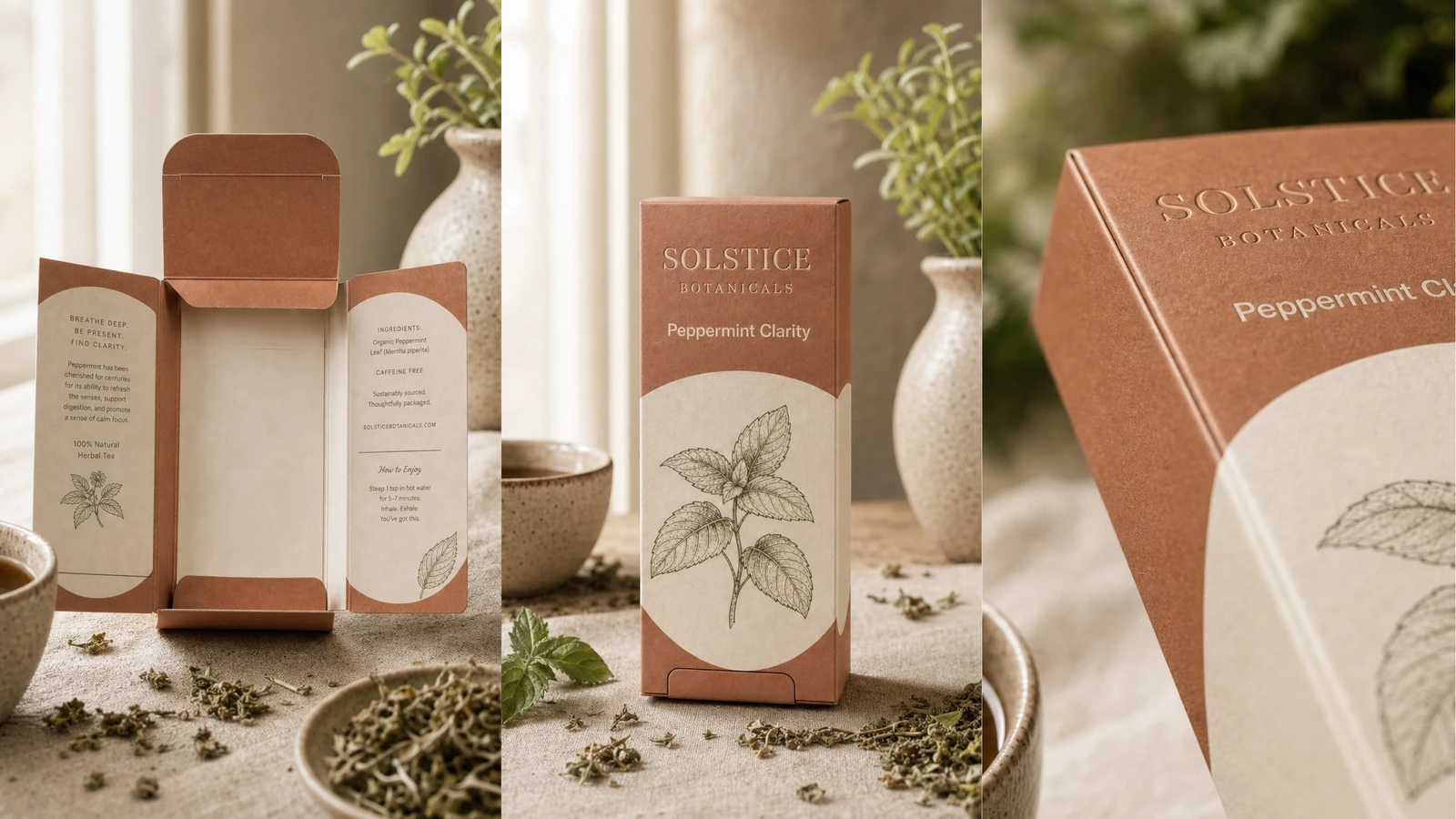 Collage en 3 panneaux d'un carton ouvert, d'un carton fermé et d'un gros plan sur une surface imprimée