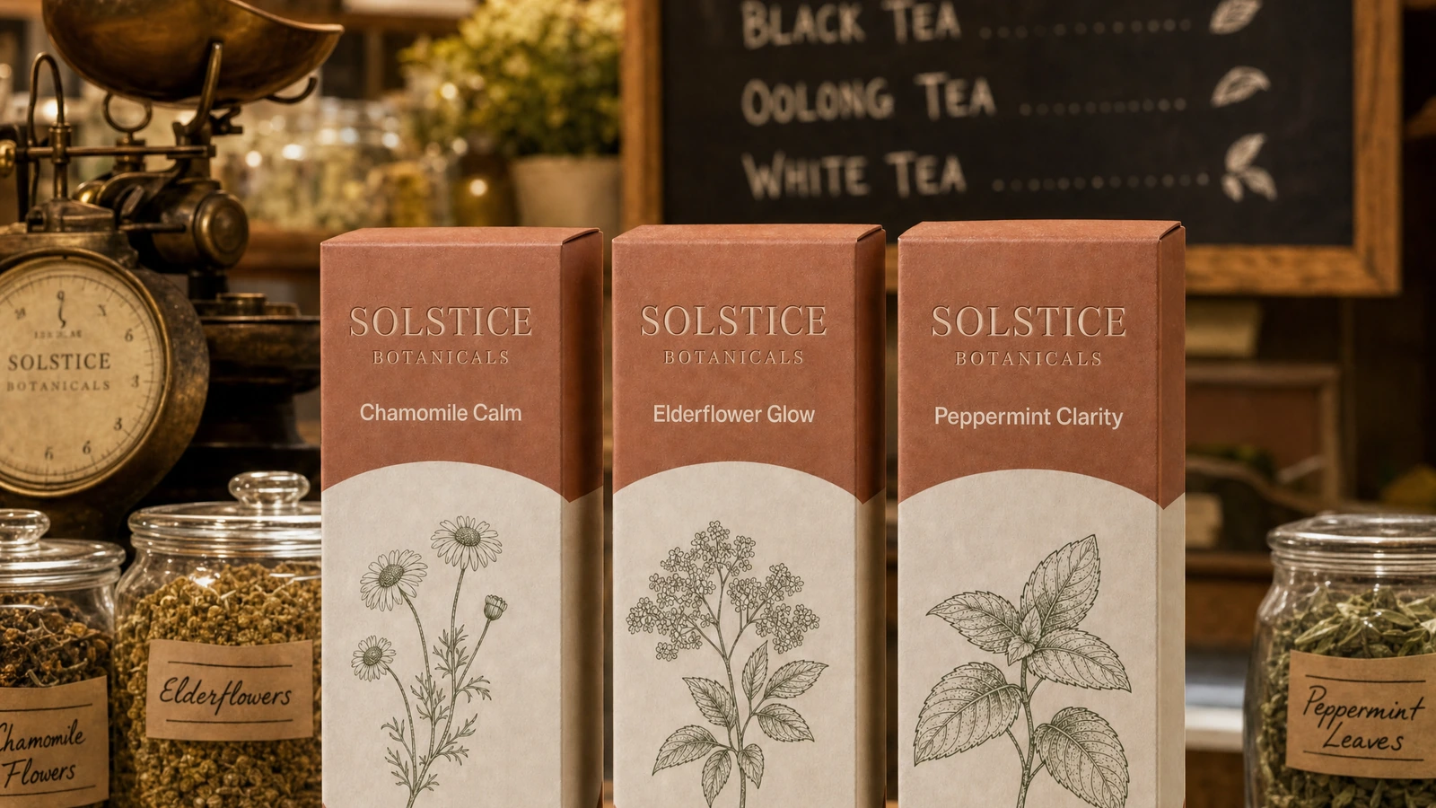 Trois cartons botaniques pour thé exposés à côté de bocaux en verre remplis d'herbes séchées