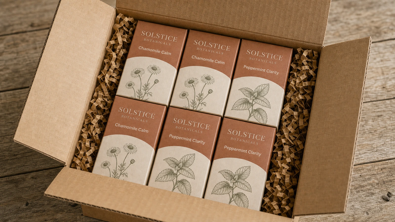 Six cartons botaniques assemblés emballés dans une caisse en carton ondulé avec calage en papier
