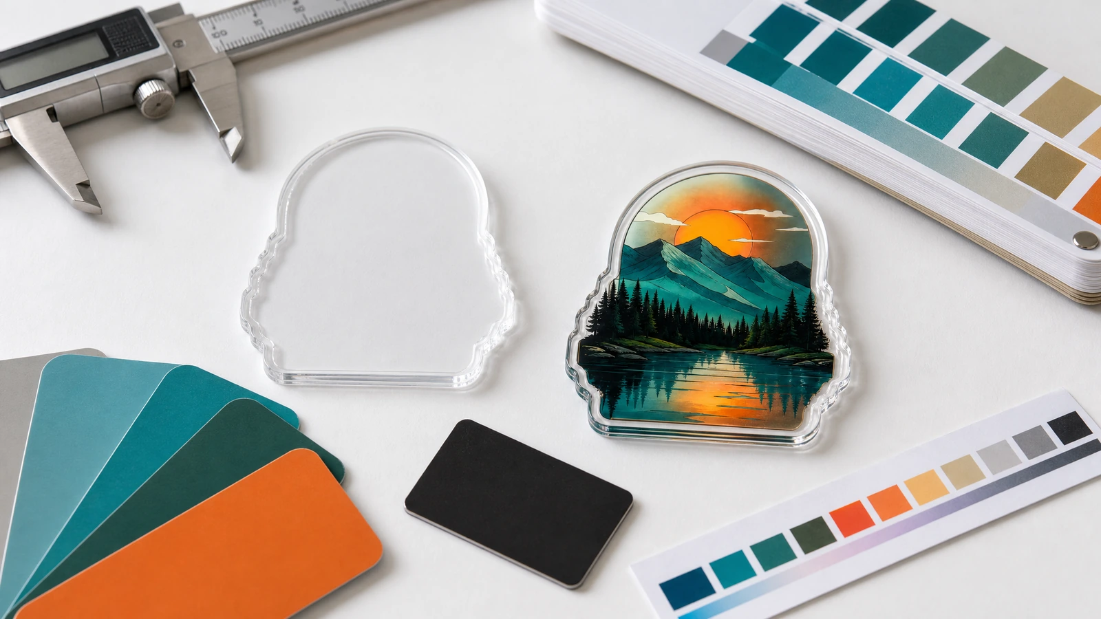 Aimant en acrylique au format paysage et flan transparent à titre d'illustration, à côté d'un pied à coulisse, de références de couleur et d'une pièce de fond noire