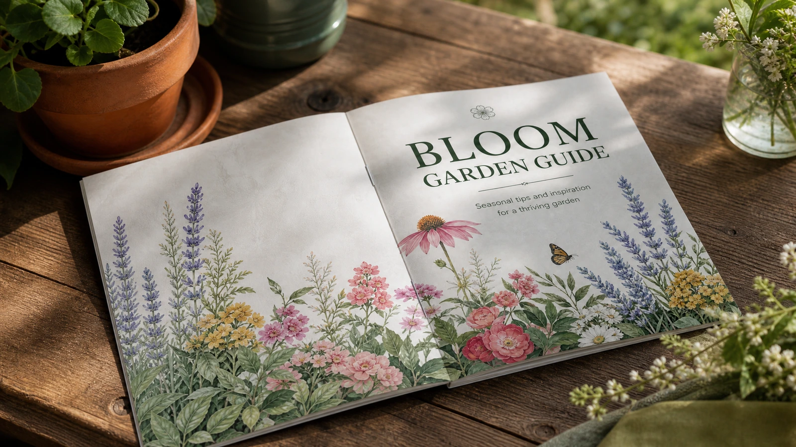 Double page de couverture du guide de jardinage Double page de couverture florale du guide de jardinage ouverte sur une table en bois