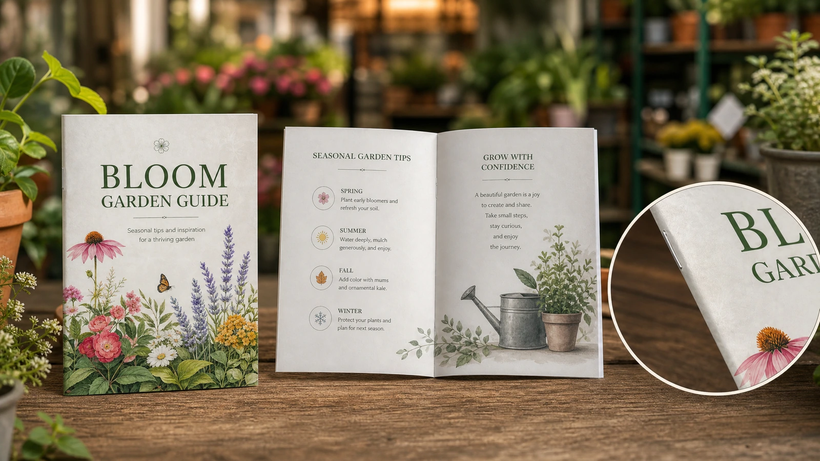 Présentoir du livret-guide de jardinage et détail des pages Couverture du livret-guide de jardinage et intérieur ouvert avec un détail en encart de la tranche des pages