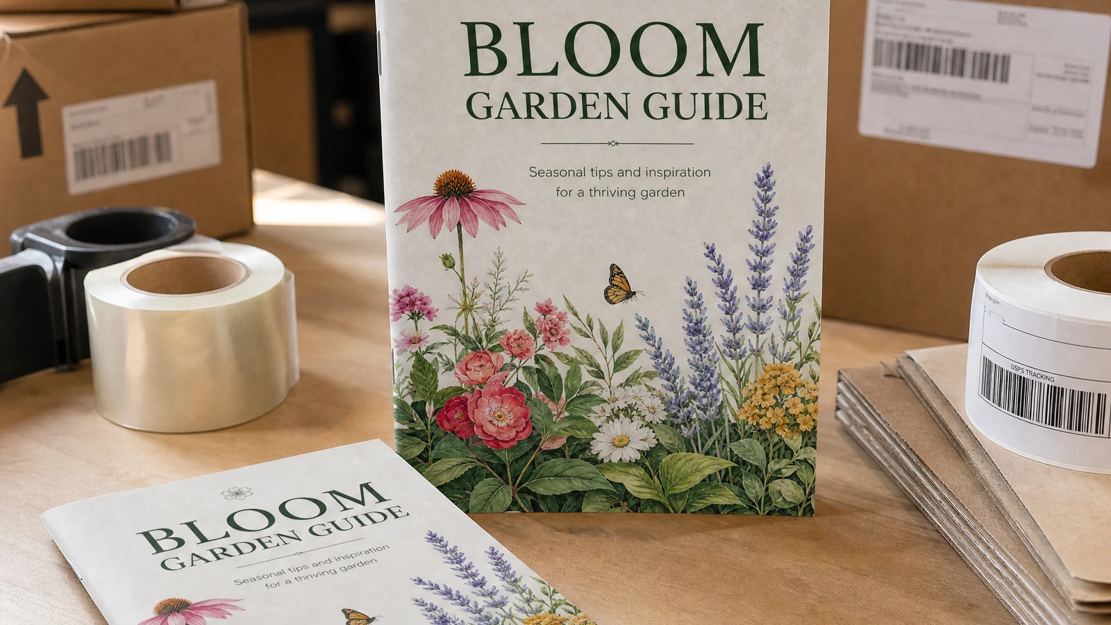 Poste d'emballage du livret-guide de jardinage Livret-guide de jardinage sur un poste d'emballage avec cartons, ruban adhésif et étiquettes d'expédition