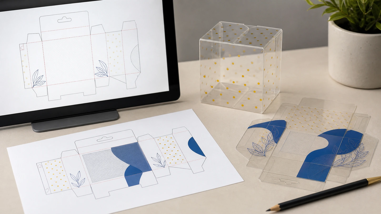 Concept de prépresse avec un tracé de boîte en PET, des zones transparentes et une épreuve assemblée
