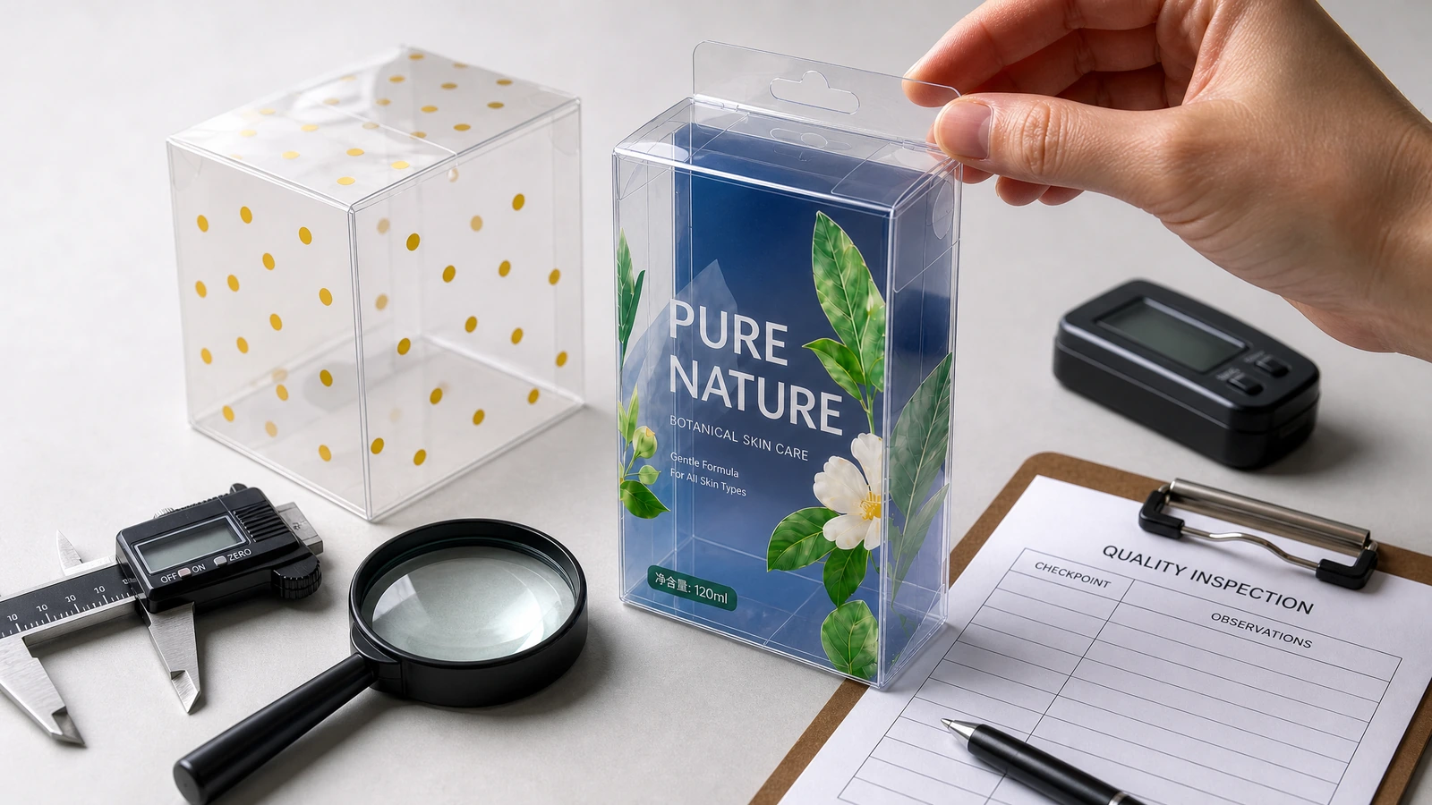 Banc d’inspection conceptuel avec boîte pliante en PET chargée, outils de mesure et dispositif de comparaison avec un échantillon approuvé