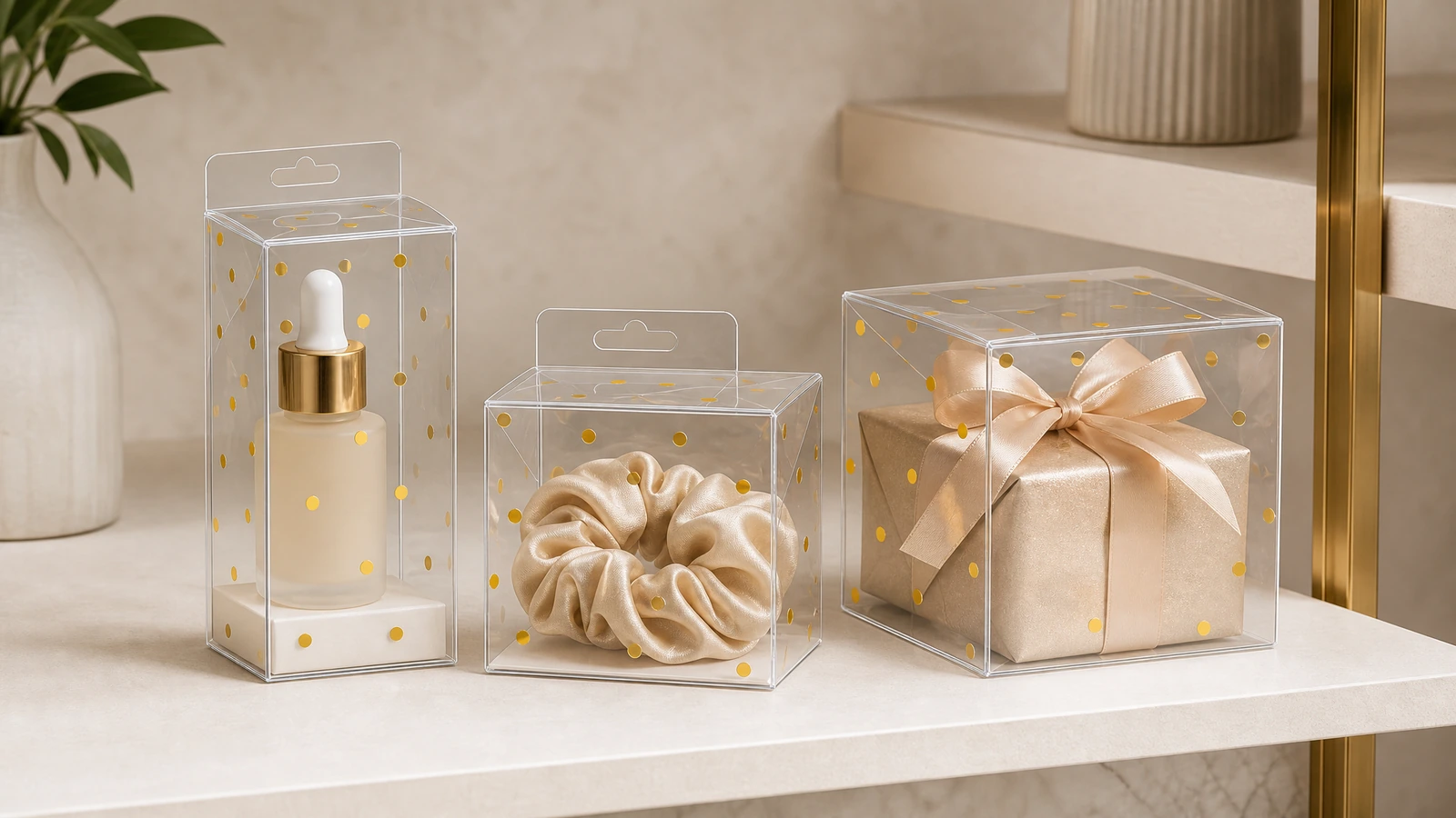 Concept de boîtes pliantes transparentes en PET présentant des cosmétiques, accessoires et cadeaux emballés
