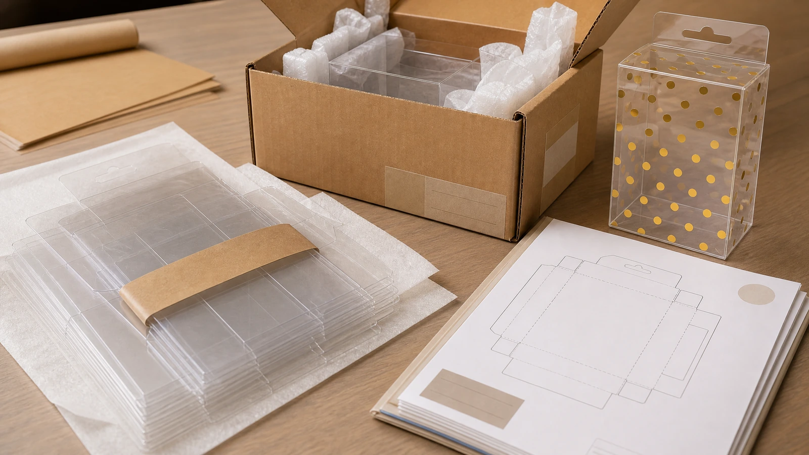 Concept de lots de boîtes pliantes en PET, emballage protecteur, carton extérieur et échantillon conservé pour réassort