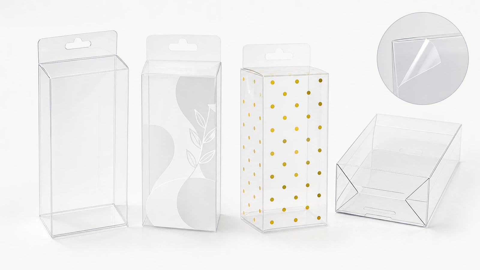 Échantillons conceptuels de boîtes pliantes en PET montrant des panneaux transparents, une décoration proposée et des détails de fermeture arrière rentrante