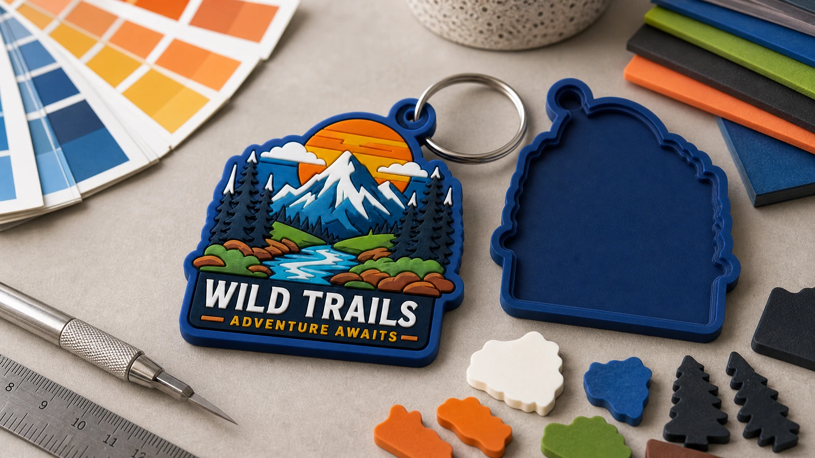 Illustration d'un porte-clés PVC au motif montagne, face et revers unis, à côté de références de couleurs et de formes colorées séparées