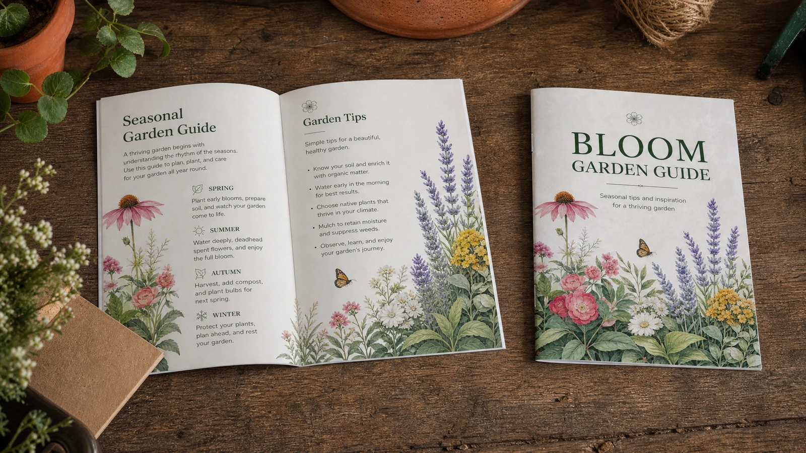 Couverture et intérieur du livret-guide de jardinage Livret-guide de jardinage ouvert à côté de sa couverture fleurie sur une table en bois