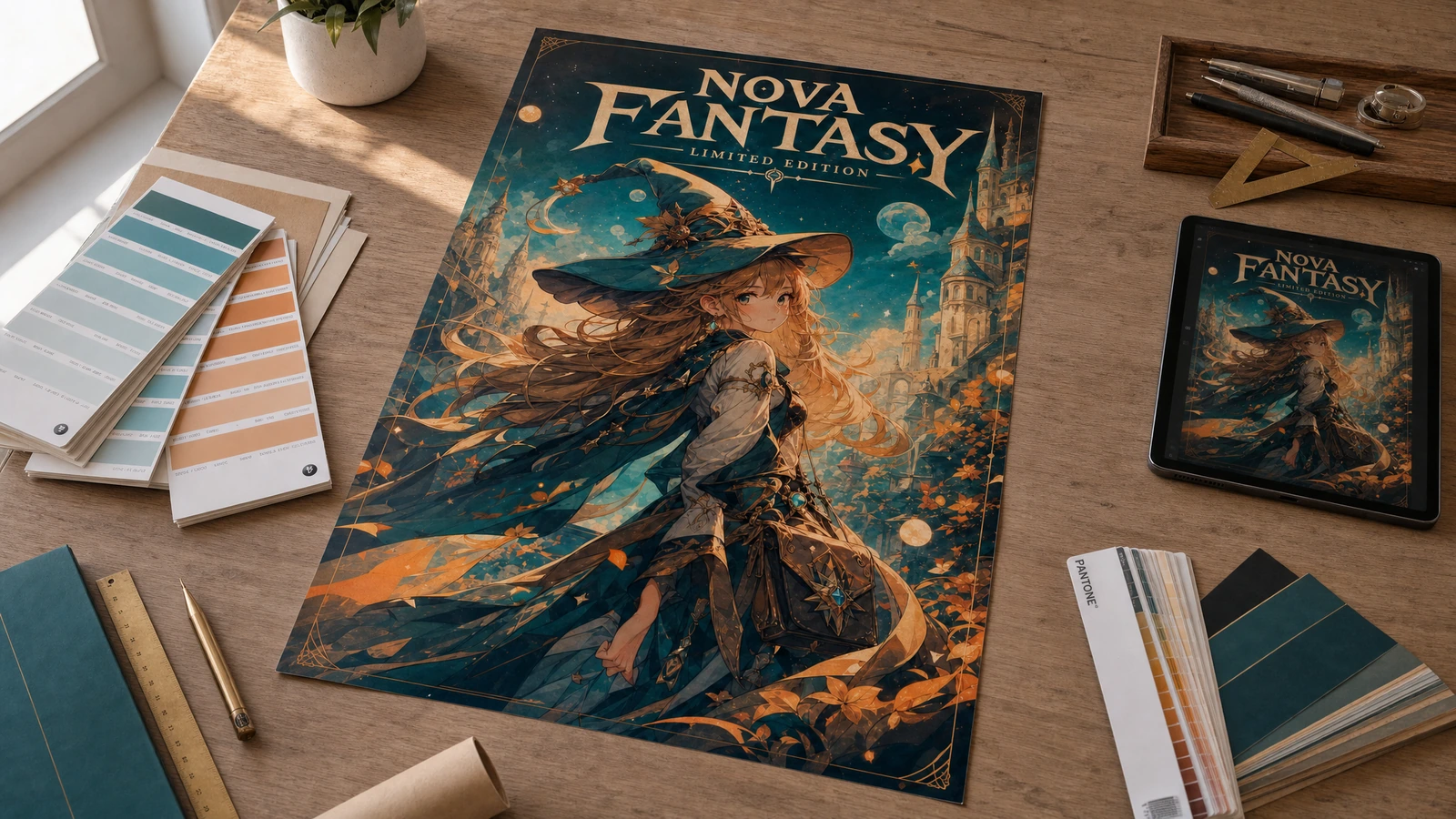 Affiche de fantasy-art posée sur un bureau à côté d'une tablette, de nuanciers de couleurs et d'outils de dessin