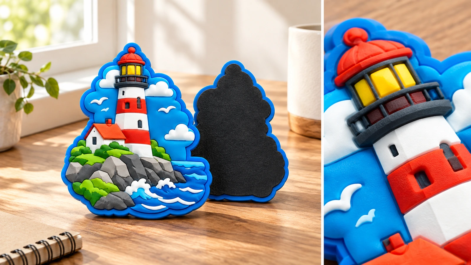 Aimant phare, face et verso noir, posé sur une table à côté d'un gros plan du relief du phare