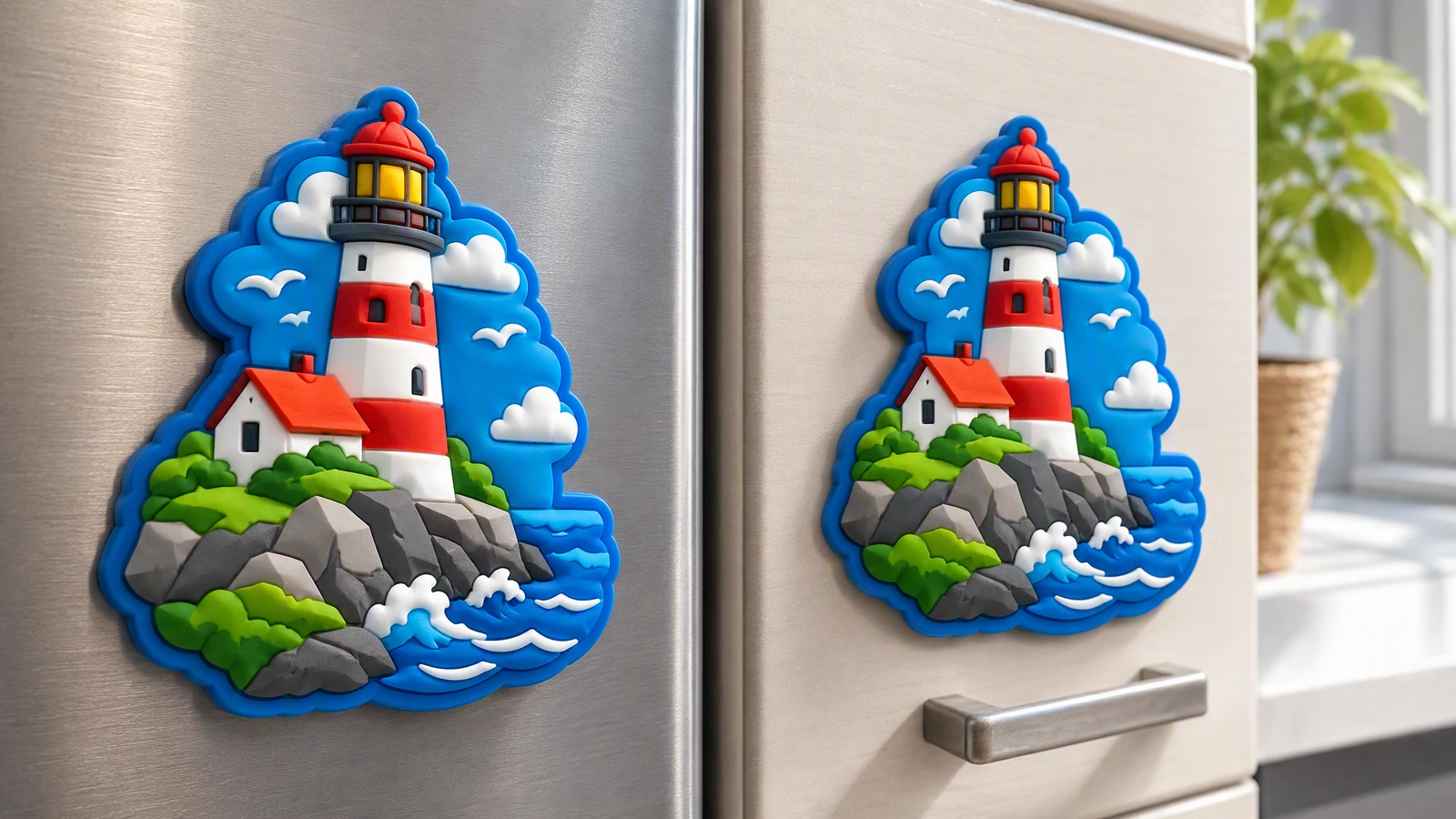 Deux vues d'un aimant phare présenté sur des portes de réfrigérateur