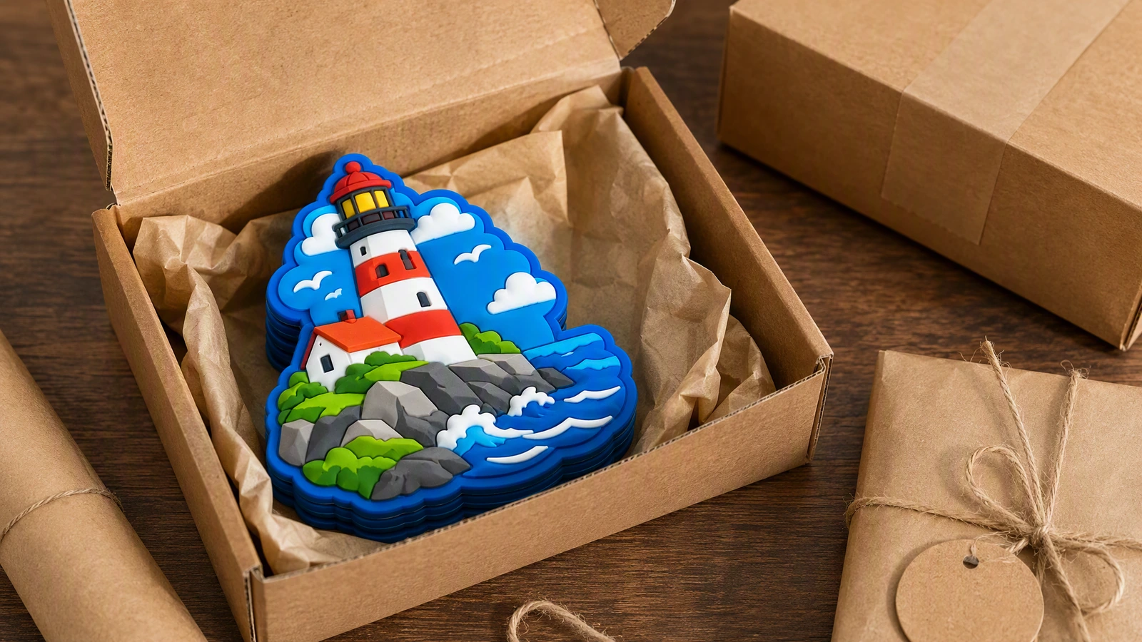 Aimant phare posé dans une boîte cadeau marron doublée de papier de soie