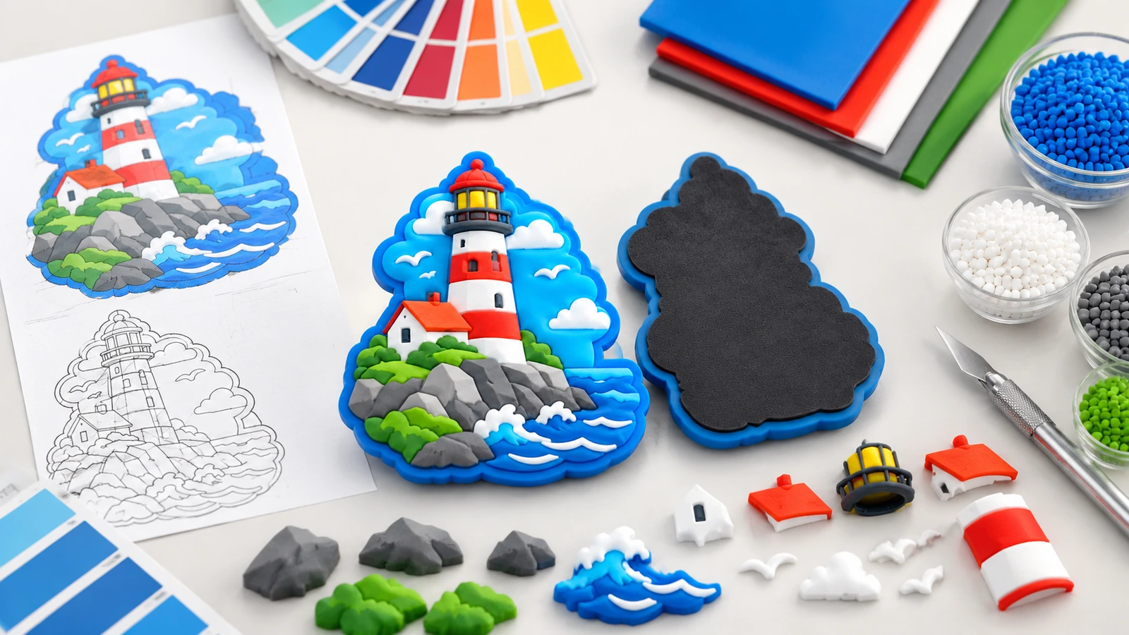 Aimant phare illustratif avec visuel, nuanciers de couleurs, verso noir et pièces décoratives séparées