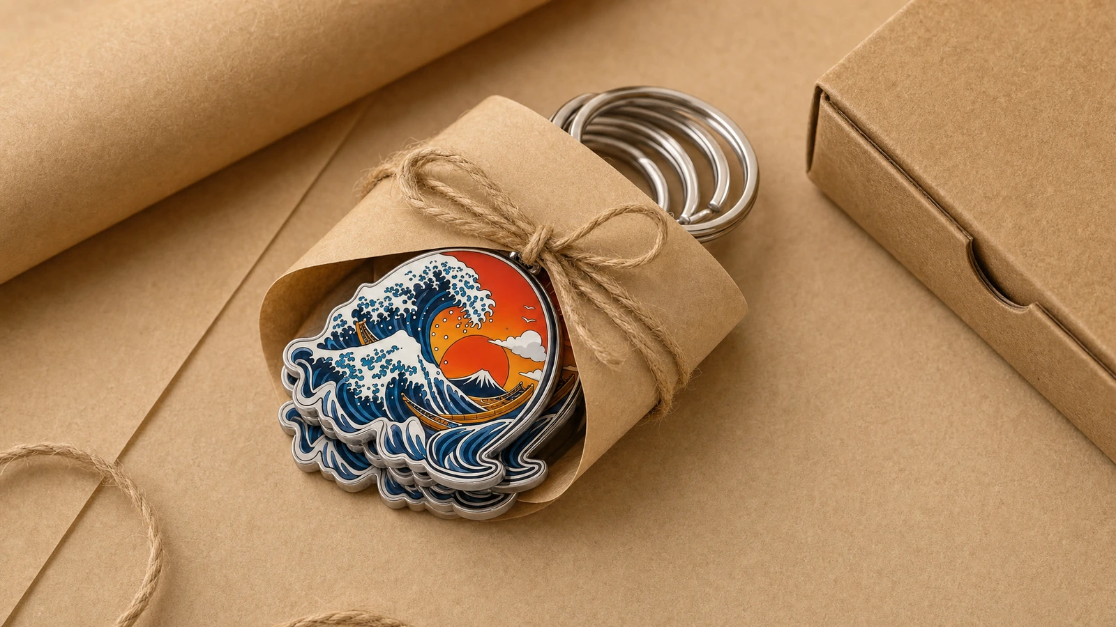 Porte-clés au motif de vagues empilés, emballés dans du papier kraft et de la ficelle à côté d’une boîte
