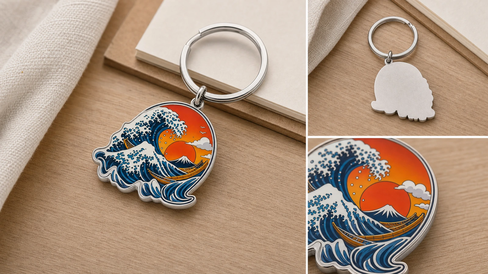 Collage d’un porte-clés au motif de vagues, de son verso uni et d’un gros plan du visuel coloré