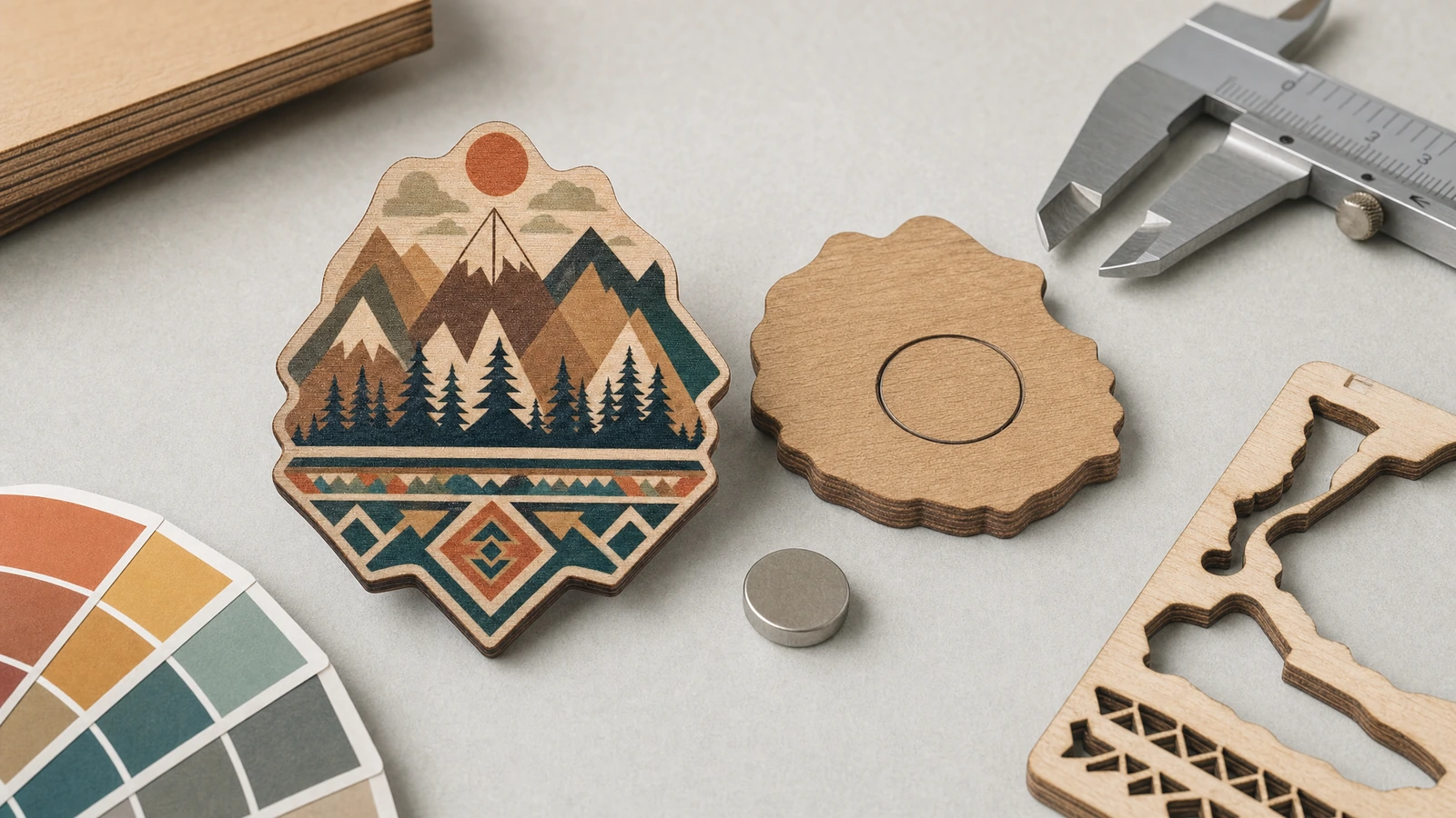Aimant en bois à motif de montagne illustratif, pièce arrière, aimant libre et pied à coulisse sur un plan de travail