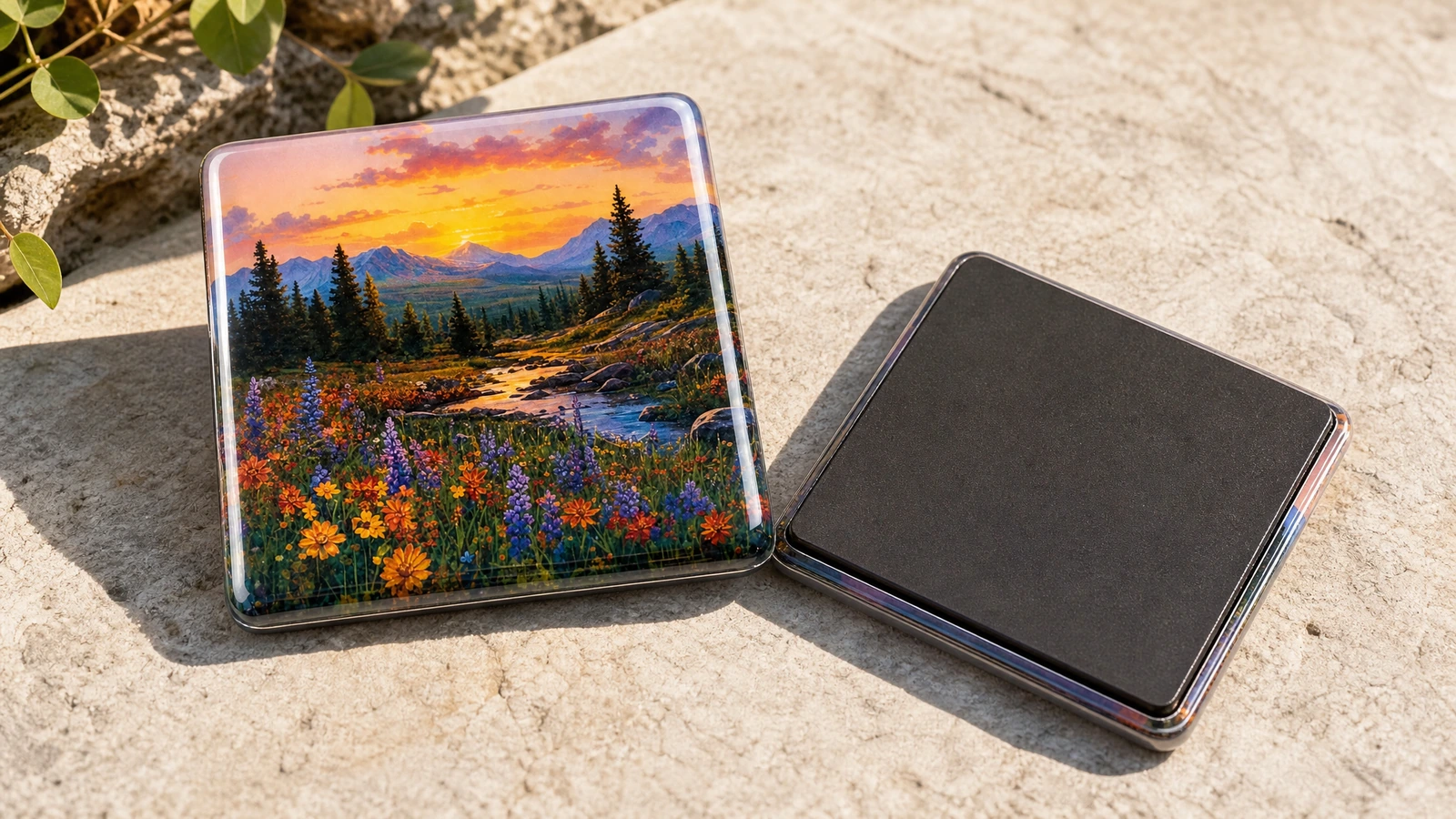 Aimant paysage illustratif, face avant et verso, présenté sur une surface en pierre
