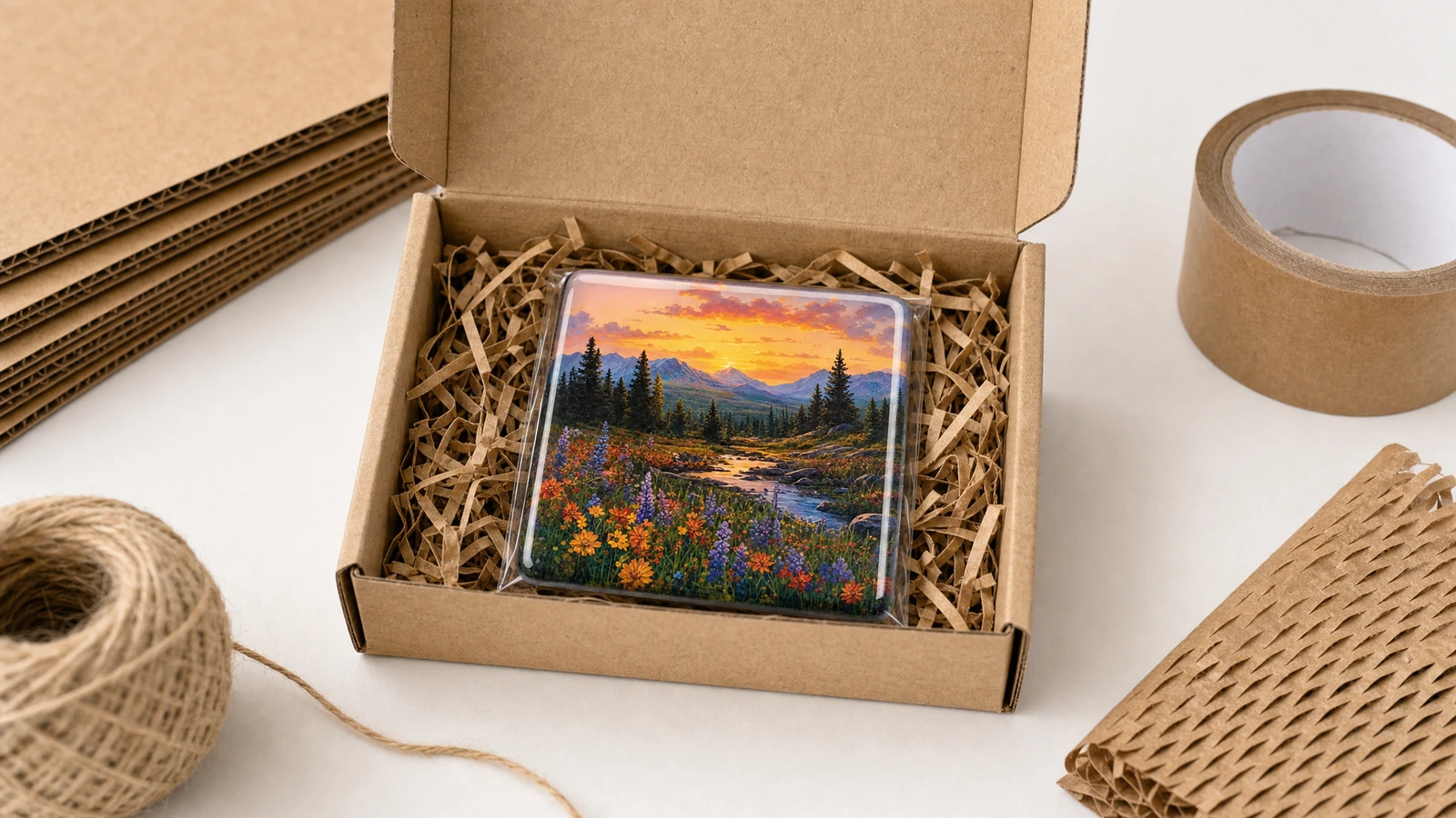 Aimant paysage illustratif dans une boîte brune à rembourrage en papier