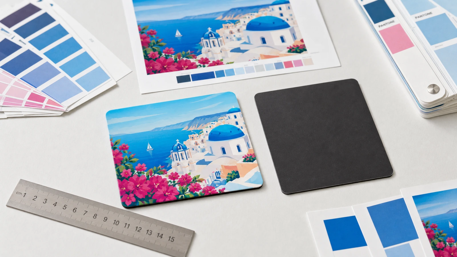 Un aimant de réfrigérateur au motif bord de mer et un échantillon à revers noir, à côté d'une épreuve du visuel imprimé, de nuanciers de couleur et d'une règle